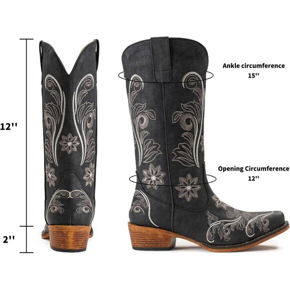 ⭐ IUV Women's Embroidered Cowboy Boots - Mid Calf Western Cowgirl Snip Toe Boots - Picture 2 of 6